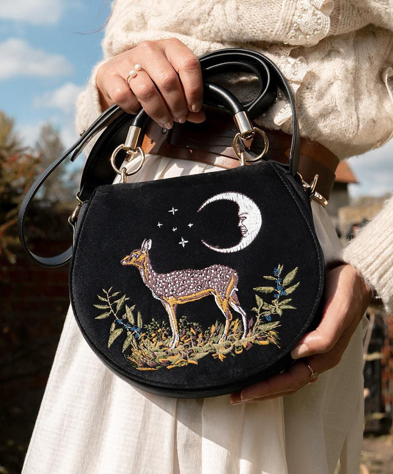 Fable England US Handbag Deer & Moon Embroidered Saddle Bag Black Velvet