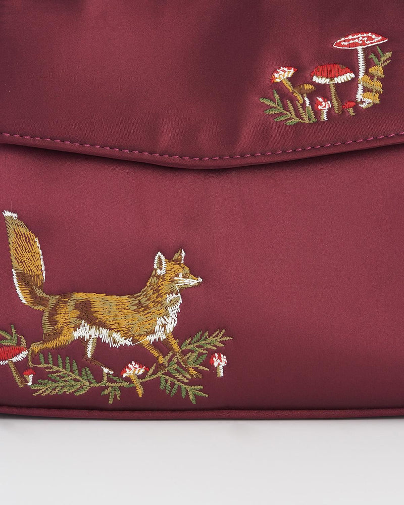 Fox & Mushroom Burgundy Embroidered Satin Tote