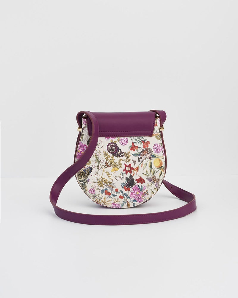 Floral Engravings Plum Saddle Purse