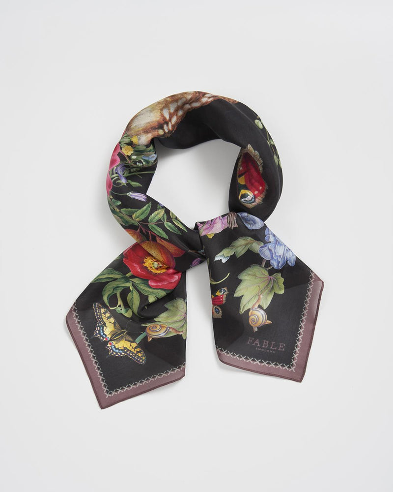 Black Fruity Floral Narrative Square Scarf