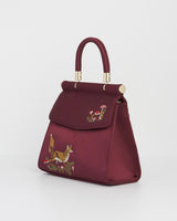 Fox & Mushroom Burgundy Embroidered Satin Tote