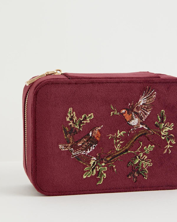 Fable England US Jewellery Box Robin Love Embroidered Large Jewellery Box Redcurrant Velvet