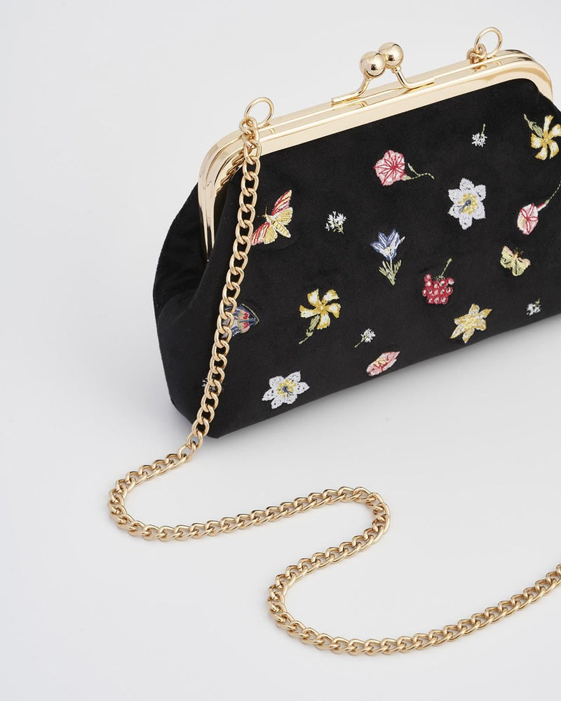 Wolf Garden Ditsy Embroidered Black Velvet Clutch