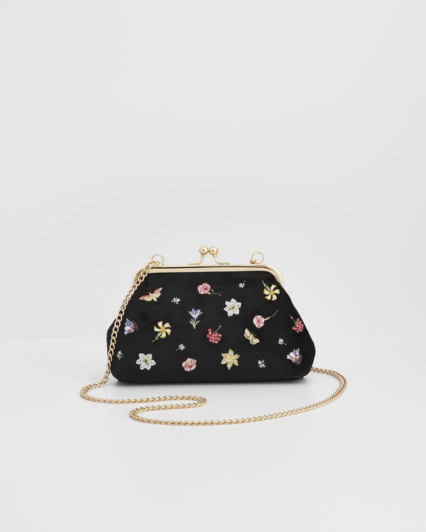 Wolf Garden Ditsy Embroidered Black Velvet Clutch