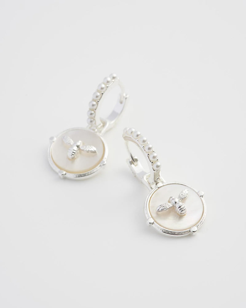 Honey Bee & Pearl Huggie Earrings Silver