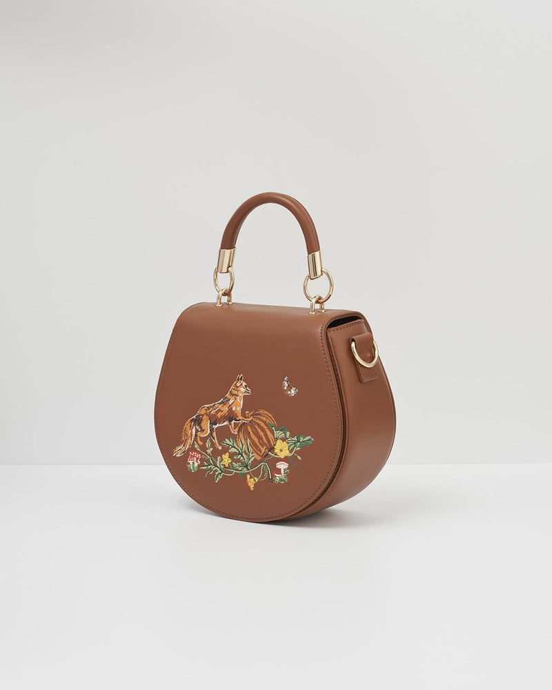 Fox & Pumpkin Tan Embroidered Saddle Purse