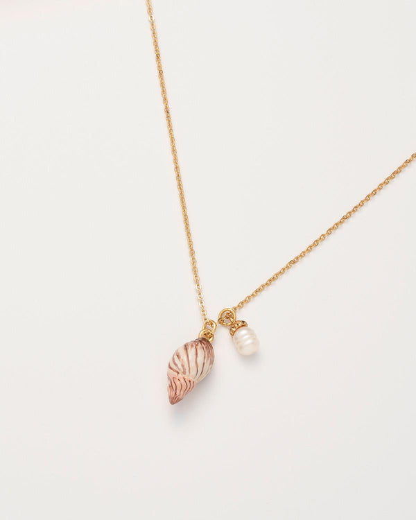 Spiral Shell and Pearl Worn Gold Short Necklace