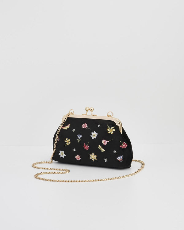 Wolf Garden Ditsy Embroidered Black Velvet Clutch