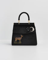 Deer & Moon Embroidered Black Velvet Tote