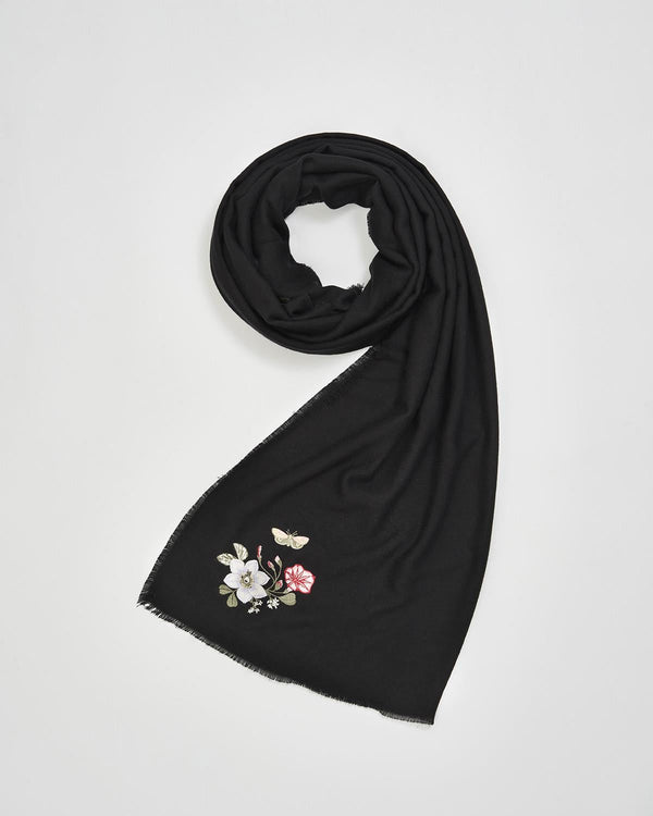 Ditsy Embroidered Pashmina Black Scarf