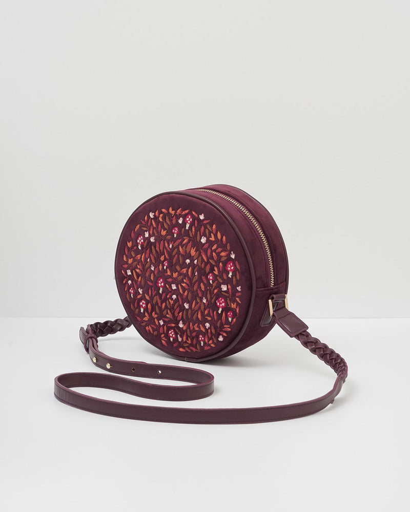 Magical Mushroom Embroidered Burgundy Velvet Circle Purse