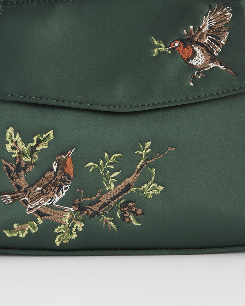 Robin Love Embroidered Green Satin Tote