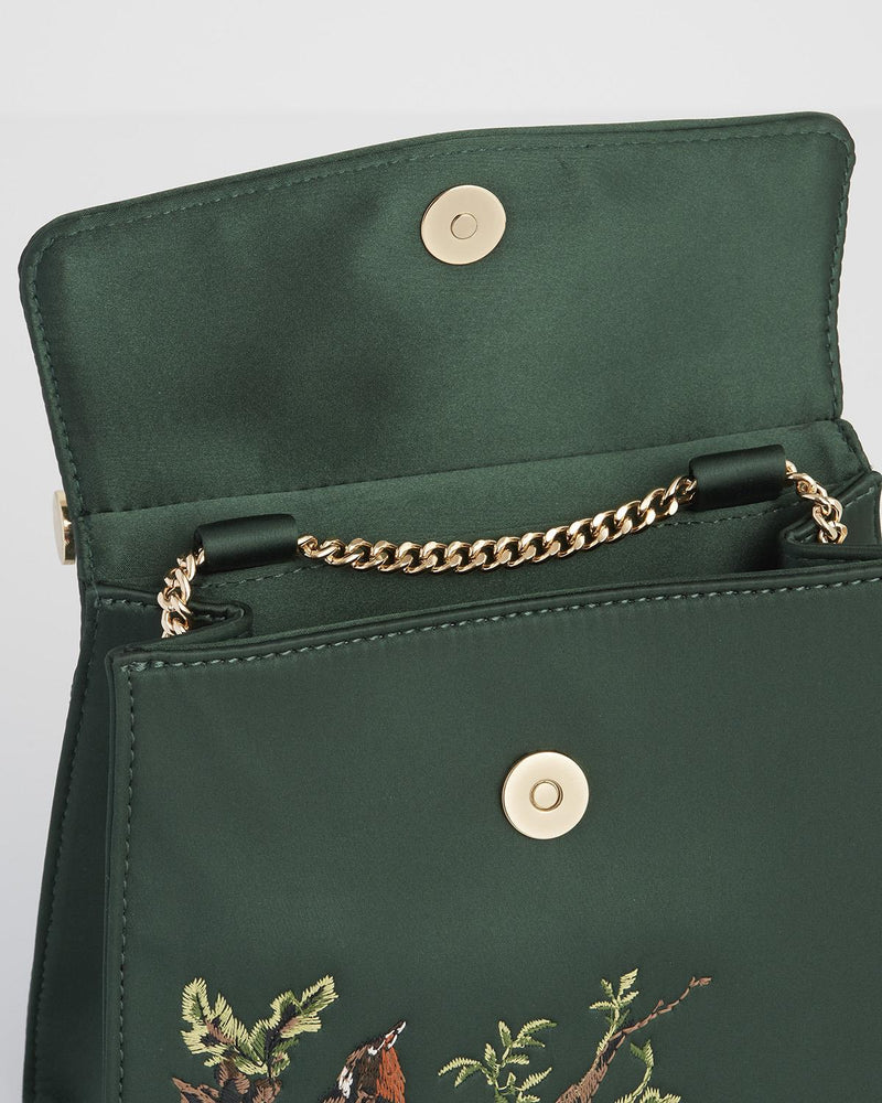 Robin Love Embroidered Green Satin Tote