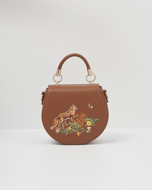 Fox & Pumpkin Embroidered Tan Saddle Purse