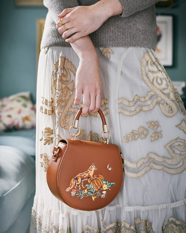 Fox & Pumpkin Embroidered Tan Saddle Purse