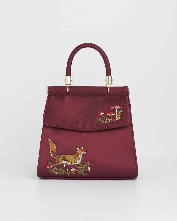 Fox & Mushroom Burgundy Embroidered Satin Tote