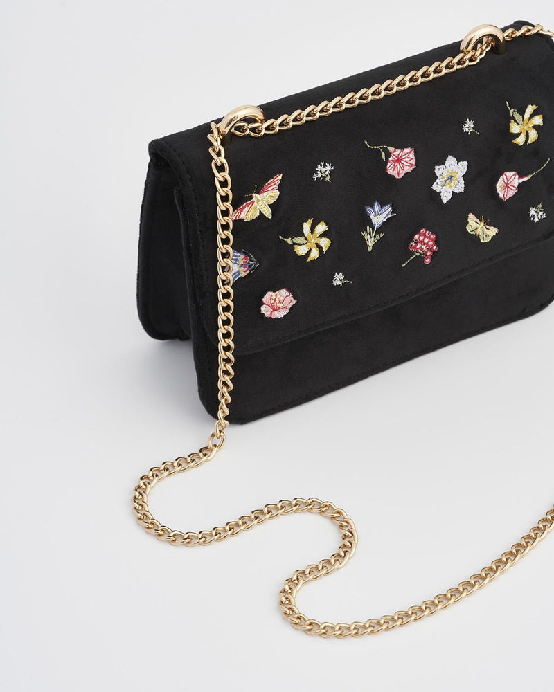 Wolf Garden Ditsy Embroidered Black Velvet Purse