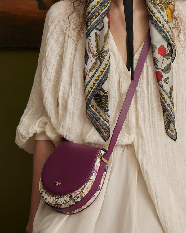 Floral Engravings Plum Saddle Purse