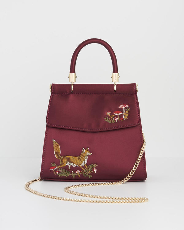 Fox & Mushroom Burgundy Embroidered Satin Tote