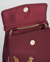 Fox & Mushroom Burgundy Embroidered Satin Tote