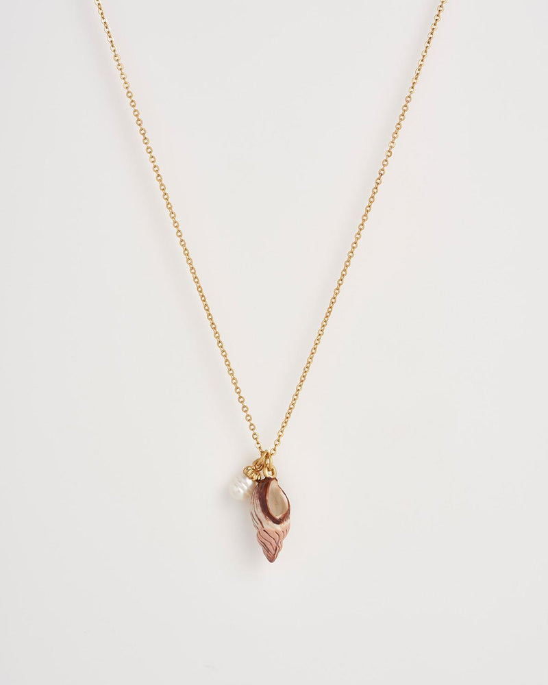 Spiral Shell and Pearl Worn Gold Short Necklace