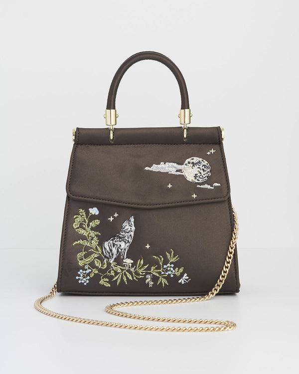 Wolf & Moon Charcoal Embroidered Satin Tote