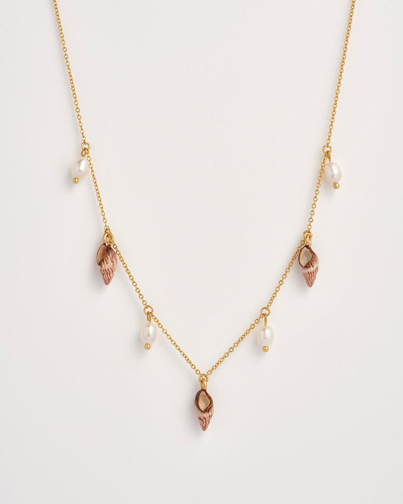 Spiral Shell Charm & Pearl Worn Gold Necklace