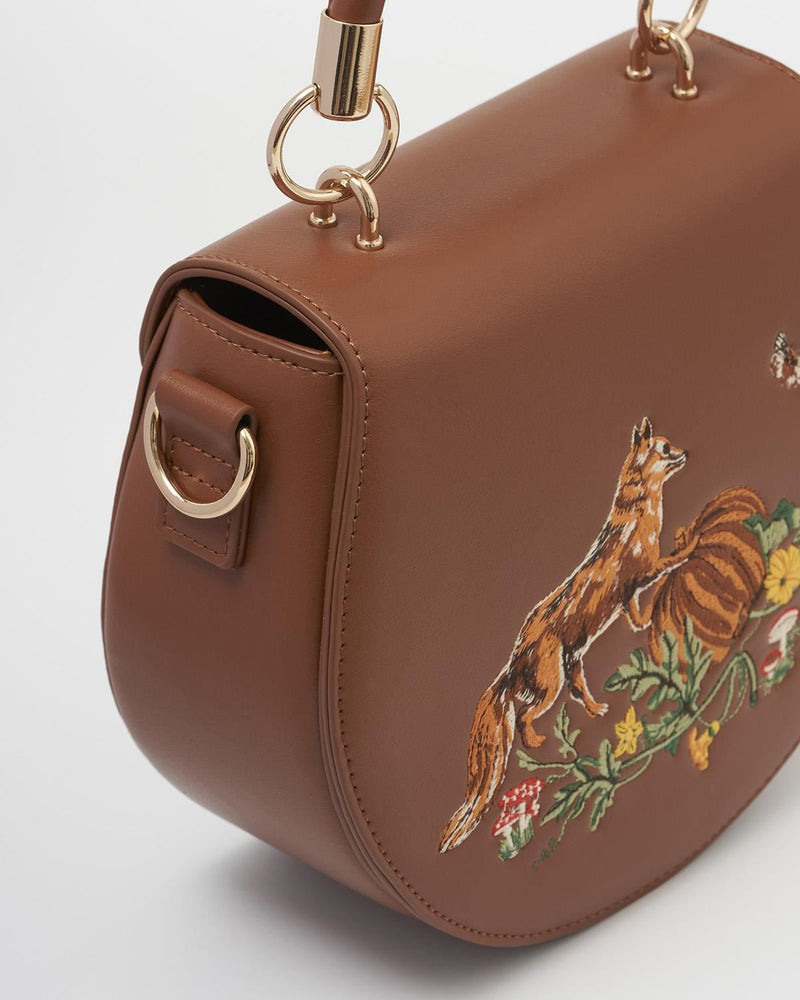 Fox & Pumpkin Tan Embroidered Saddle Purse