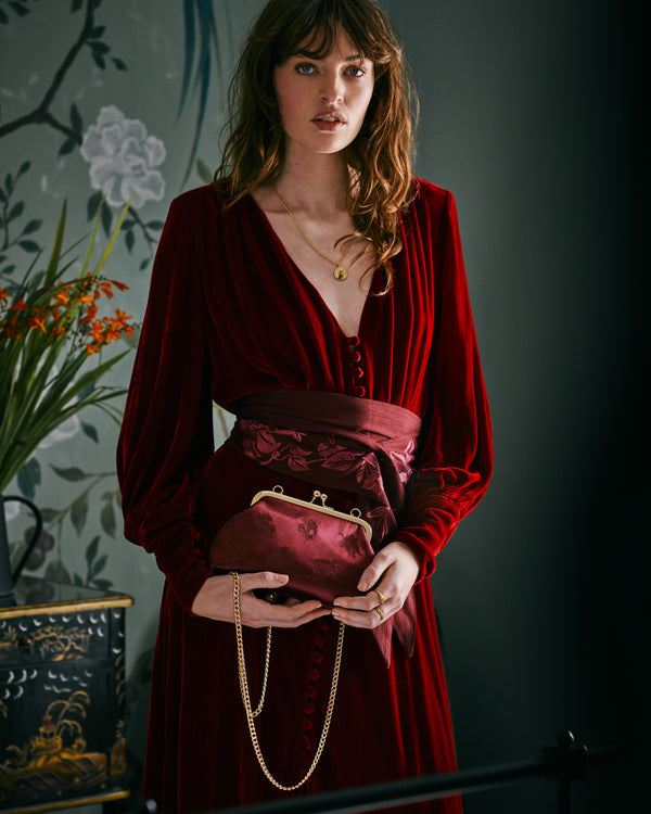 Victoriana Burgundy Embroidered Satin Clutch