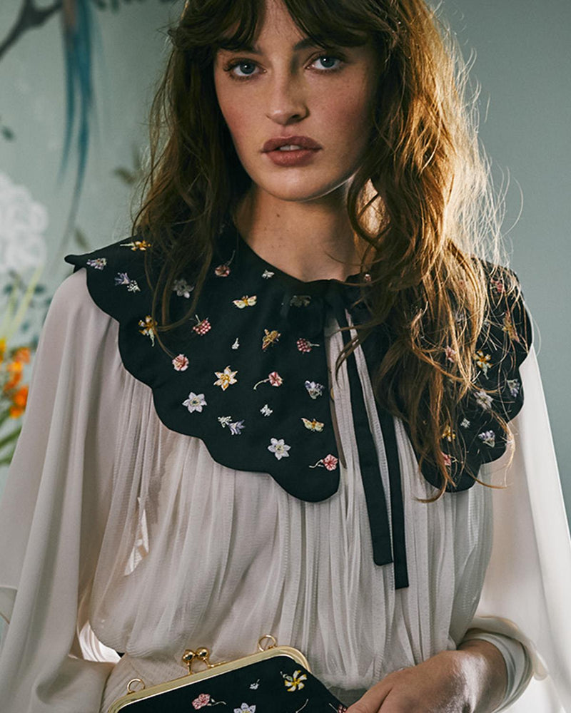 Floral Ditsy Black Satin Embroidered Collar