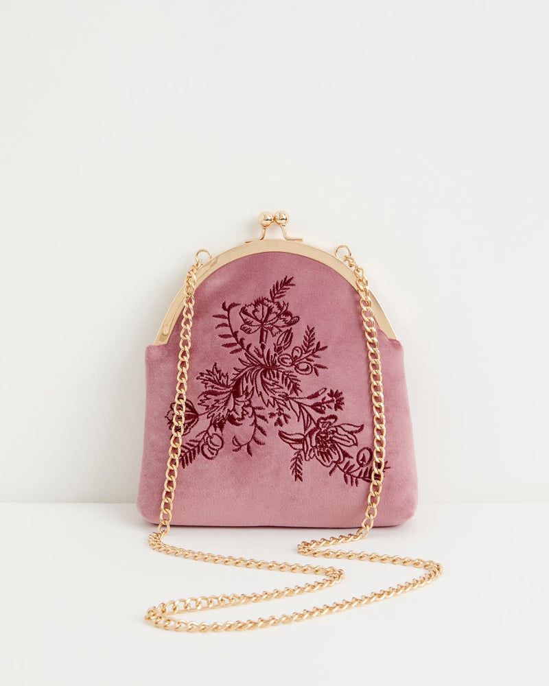 Velvet Embroidered Clutch Bag Blush Pink