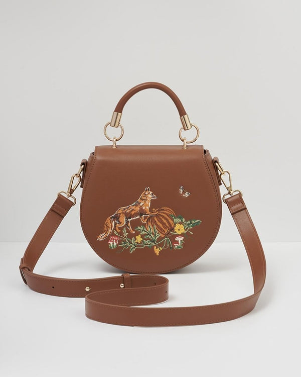 Fox & Pumpkin Tan Embroidered Saddle Purse