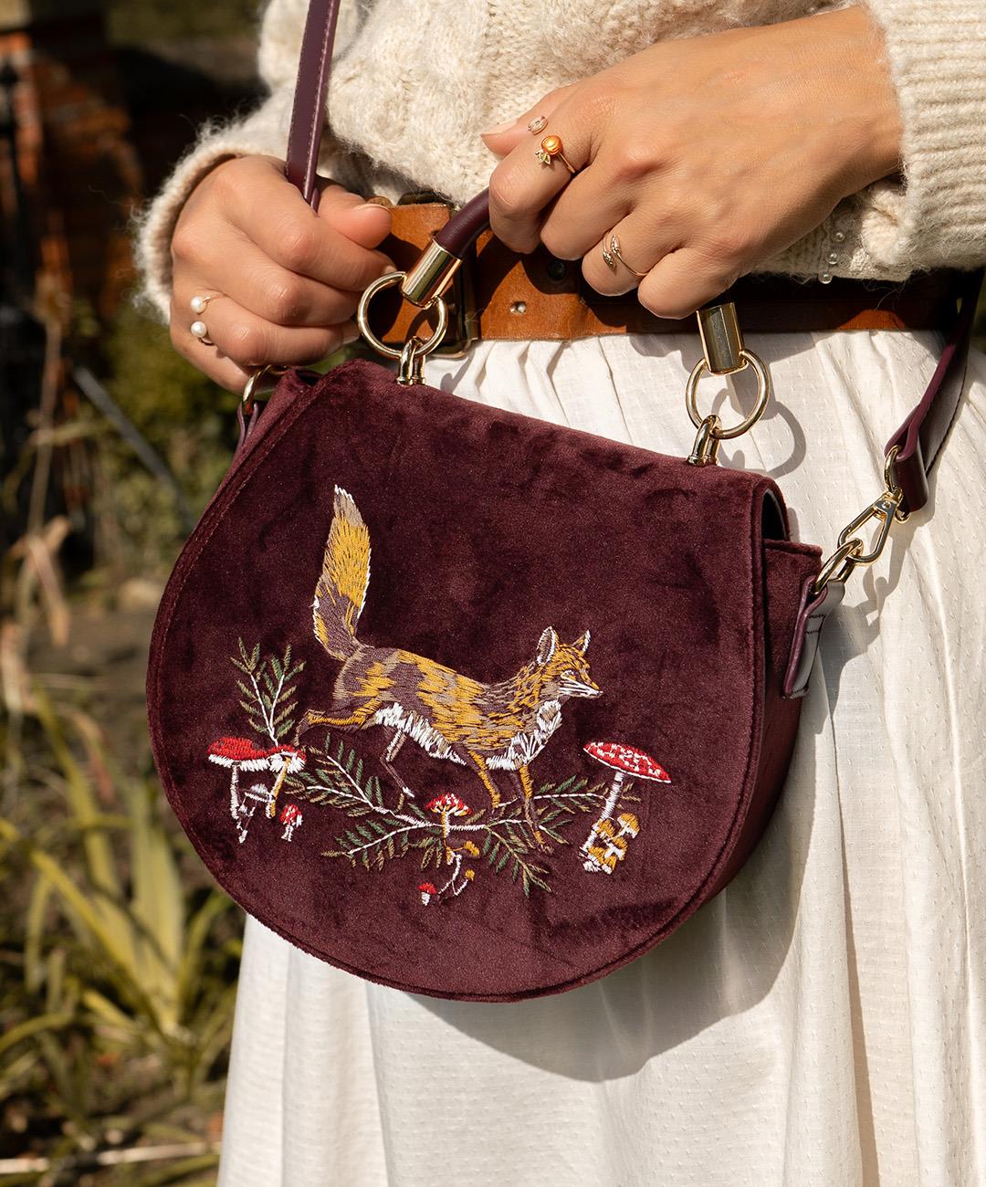 Fox & Mushroom Embroidered Velvet Saddle Bag in Redcurrant Red – Fable ...