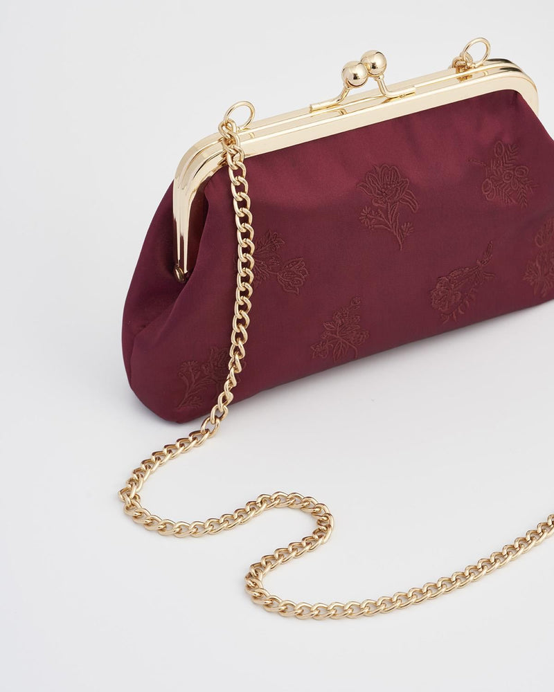 Victoriana Burgundy Embroidered Satin Clutch