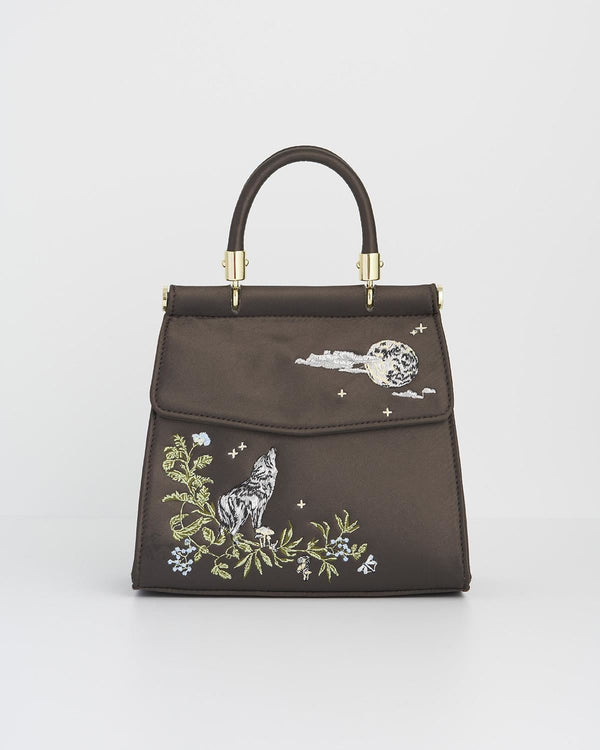 Wolf & Moon Charcoal Embroidered Satin Tote