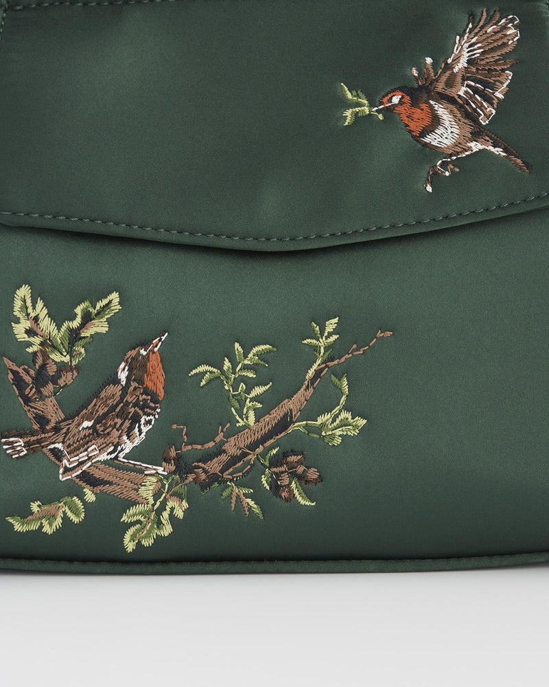 Robin & Mistletoe Green Embroidered Satin Tote