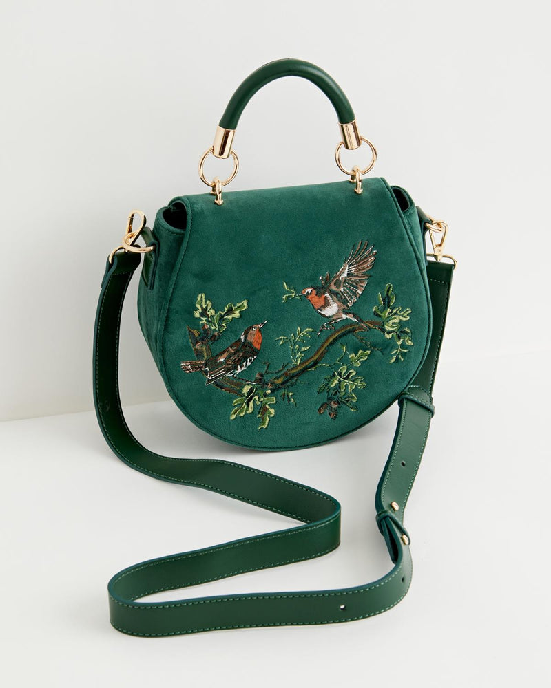 Robin Love Velvet Embroidered Saddle Bag - Fern Green