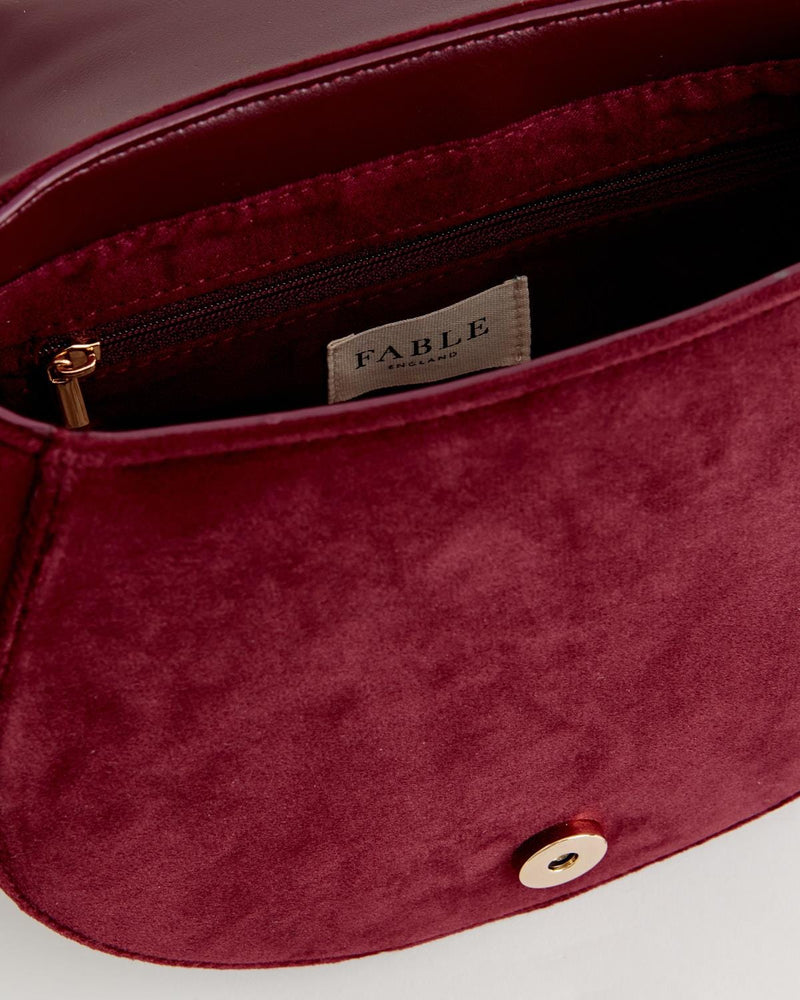 Fable England US Handbag Fox & Mushroom Embroidered Saddle Bag - Redcurrant Velvet